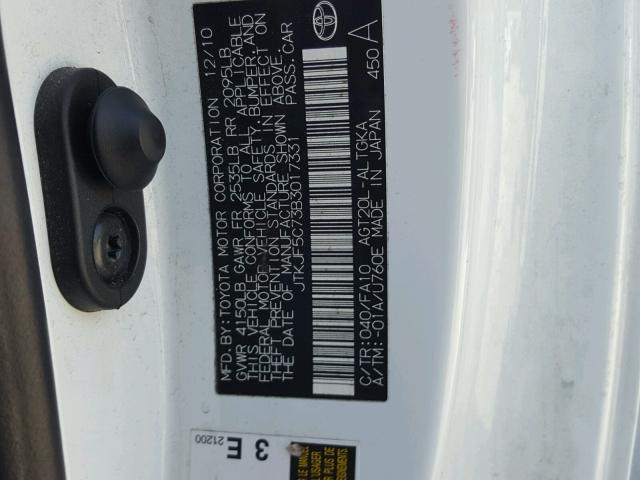 JTKJF5C73B3017331 - 2011 TOYOTA SCION TC 白色 照片 10