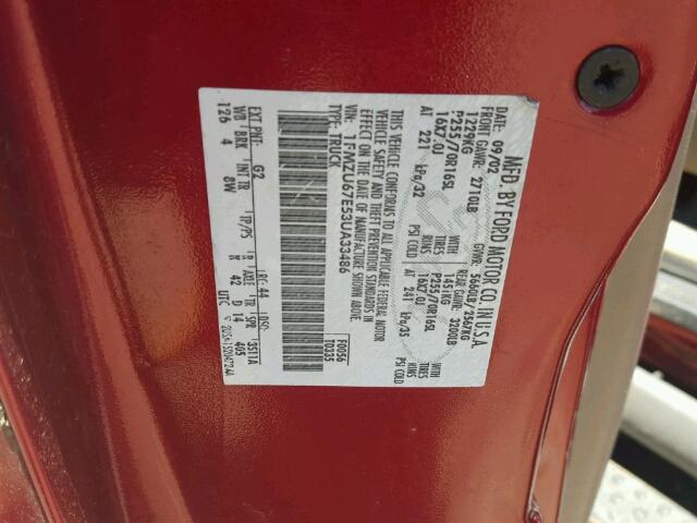 1FMZU67E53UA33486 - 2003 FORD EXPLORER S RED photo 10