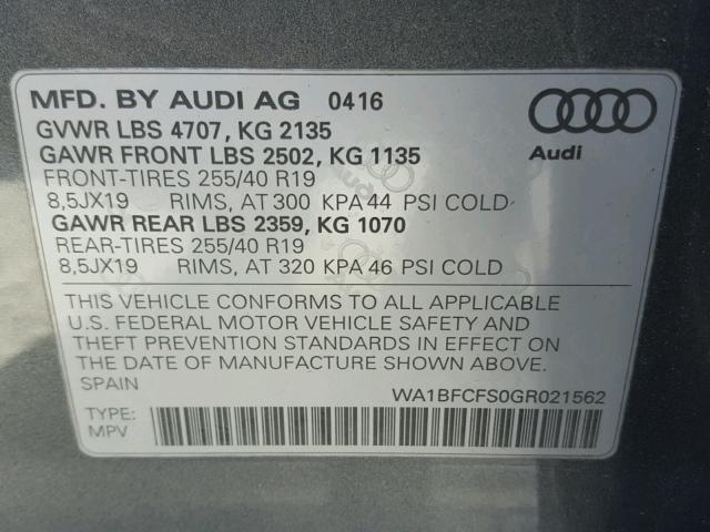 WA1BFCFS0GR021562 - 2016 AUDI Q3 PREMIUM GRAY photo 10