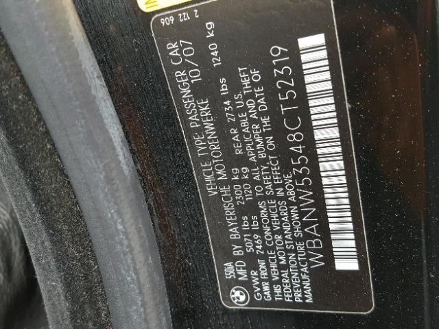 WBANW53548CT52319 - 2008 BMW 550 I BLACK photo 10