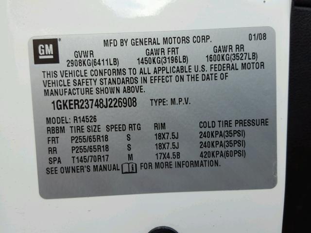 1GKER23748J226908 - 2008 GMC ACADIA SLT თეთრი ფოტო 10