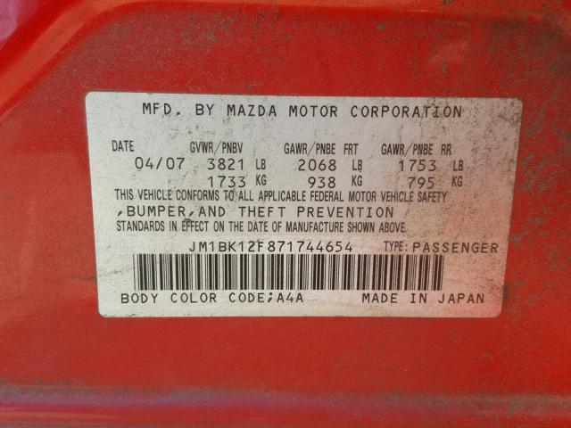 JM1BK12F871744654 - 2007 MAZDA 3 I RED photo 10