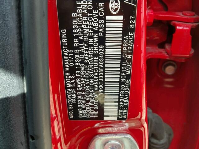 VNKKTUD38FA034029 - 2015 TOYOTA YARIS RED photo 10