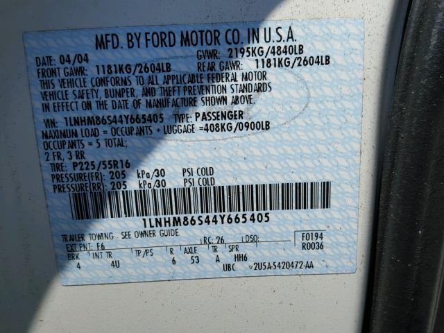 1LNHM86S44Y665405 - 2004 LINCOLN LS 白色 照片 10