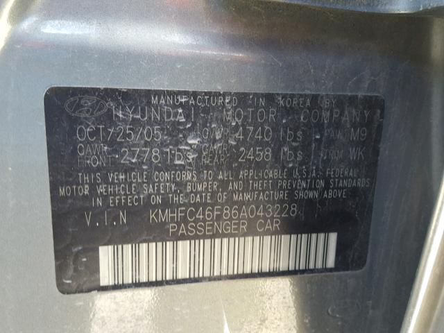 KMHFC46F86A043228 - 2006 HYUNDAI AZERA SE GRAY photo 10