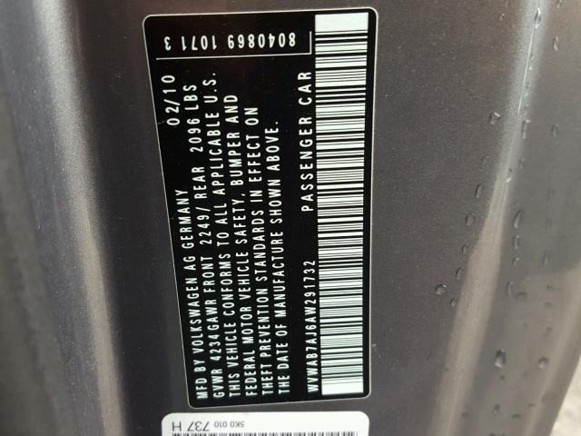 WVWAB7AJ6AW291732 - 2010 VOLKSWAGEN GOLF 灰色 照片 10