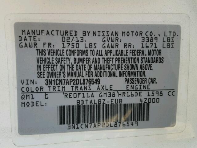 3N1CN7AP2DL876549 - 2013 NISSAN VERSA WHITE photo 10