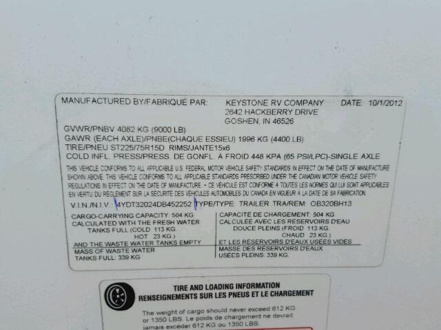 4YDT32024DB452252 - 2013 KEYSTONE OUTBACK WHITE photo 10