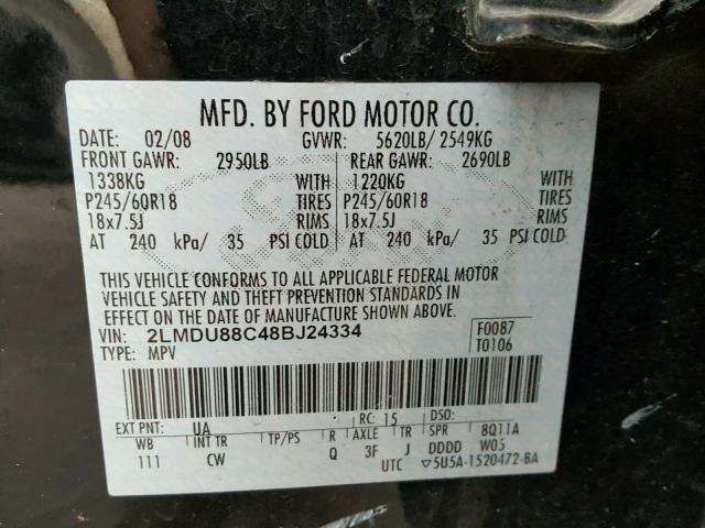 2LMDU88C48BJ24334 - 2008 LINCOLN MKX BLACK photo 10