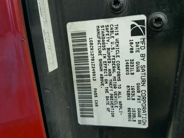 1G8ZR12781Z249912 - 2001 SATURN SC2 RED photo 10