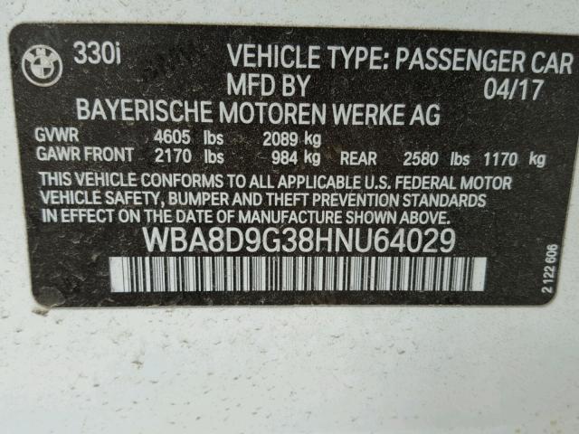 WBA8D9G38HNU64029 - 2017 BMW 330 XI 白色 照片 10