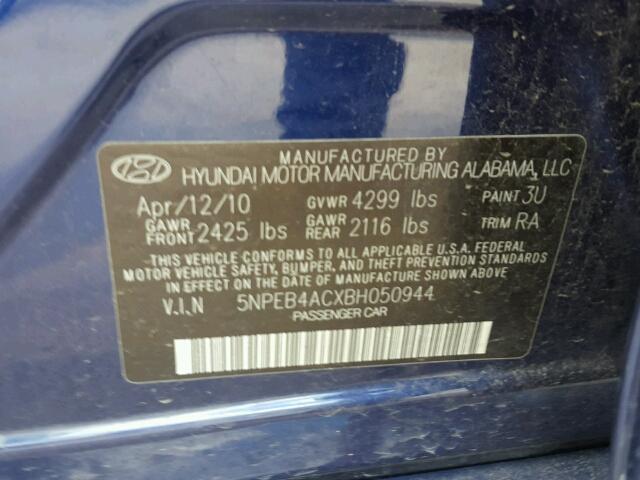 5NPEB4ACXBH050944 - 2011 HYUNDAI SONATA BLUE photo 10