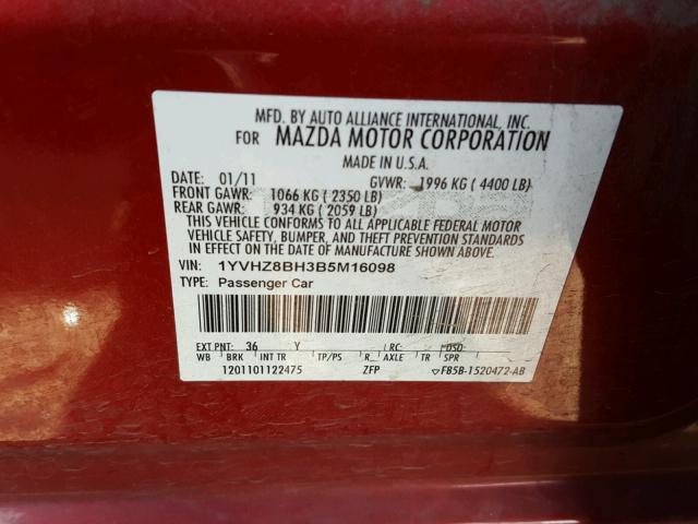 1YVHZ8BH3B5M16098 - 2011 MAZDA 6 I RED photo 10