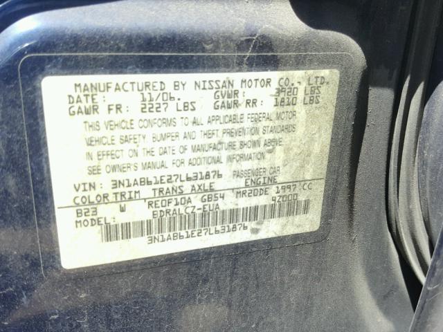 3N1AB61E27L631876 - 2007 NISSAN SENTRA 2.0 BLUE photo 10