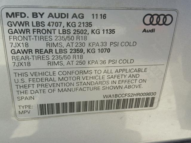 WA1BCCFS2HR009830 - 2017 AUDI Q3 PREMIUM SILVER photo 10