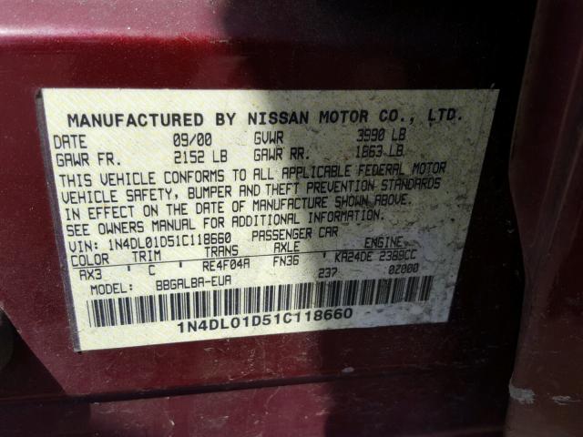 1N4DL01D51C118660 - 2001 NISSAN ALTIMA XE BURGUNDY photo 10