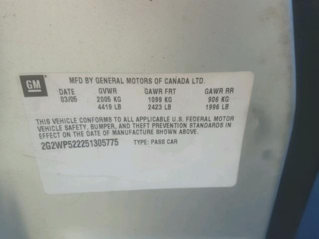 2G2WP522251305775 - 2005 PONTIAC GRAND PRIX SILVER photo 10