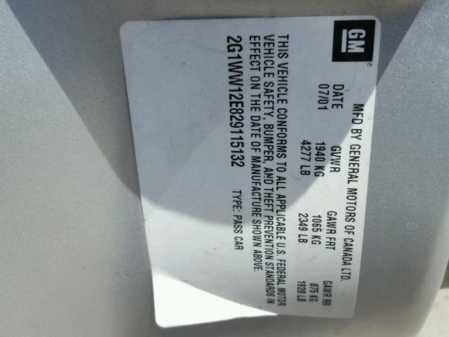 2G1WW12E829115132 - 2002 CHEVROLET MONTE CARL ვერცხლისფერი ფოტო 10