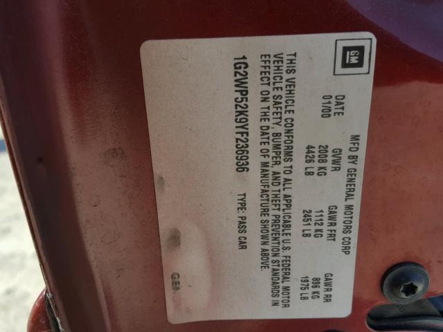 1G2WP52K9YF236936 - 2000 PONTIAC GRAND PRIX Bordo foto 10