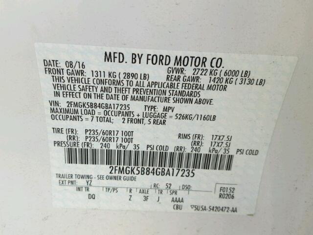 2FMGK5B84GBA17235 - 2016 FORD FLEX SE WHITE photo 10