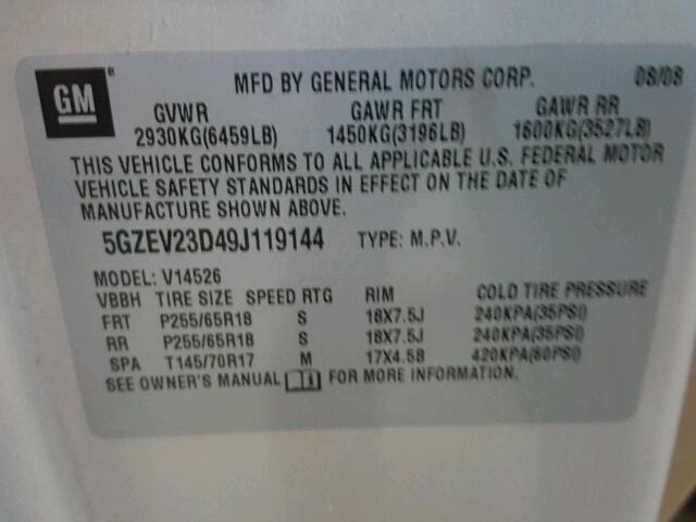 5GZEV23D49J119144 - 2009 SATURN OUTLOOK XR ოქროსფერი ფოტო 10