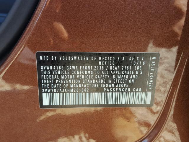 3VW2B7AJXHM261662 - 2017 VOLKSWAGEN JETTA S 棕色 照片 10