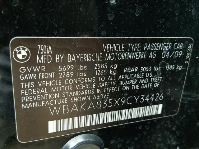 WBAKA835X9CY34426 - 2009 BMW 750 I BLACK photo 10