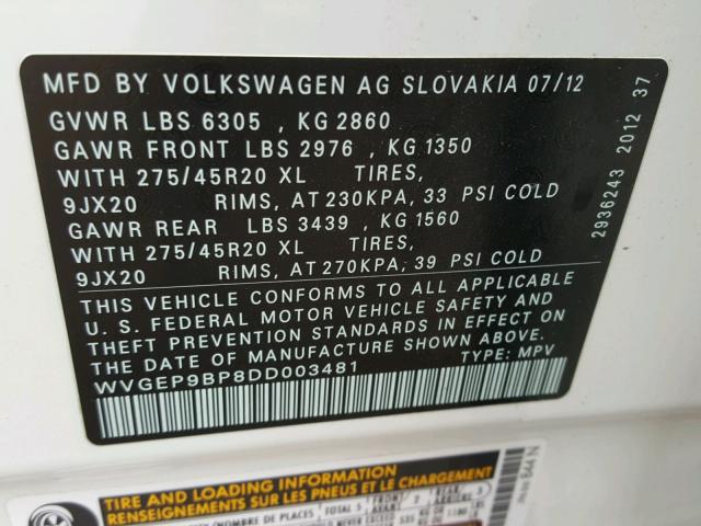 WVGEP9BP8DD003481 - 2013 VOLKSWAGEN TOUAREG V6 WHITE photo 10