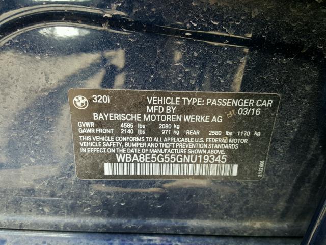 WBA8E5G55GNU19345 - 2016 BMW 320 XI BLUE photo 10