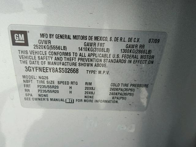 3GYFNEEY8AS502668 - 2010 CADILLAC SRX PERFOR 银色 照片 10