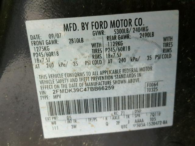 2FMDK39C47BB66259 - 2007 FORD EDGE SEL P BLACK photo 10