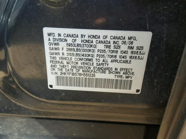 2HKYF18576H551335 - 2006 HONDA PILOT EX CHARCOAL photo 10