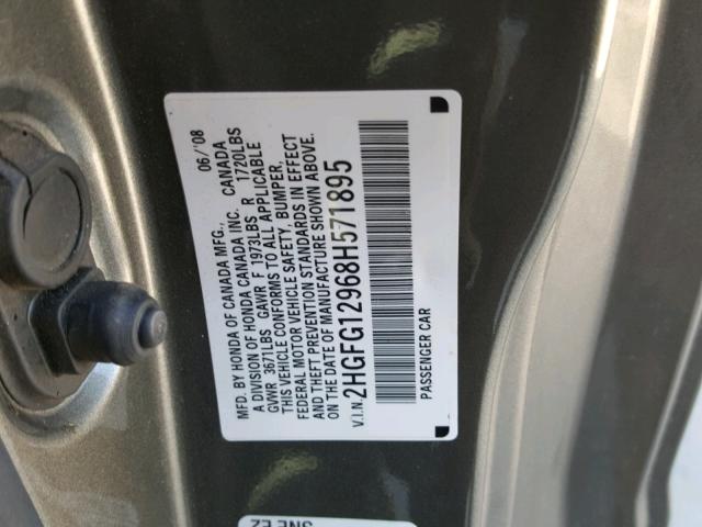 2HGFG12968H571895 - 2008 HONDA CIVIC EXL GRAY photo 10