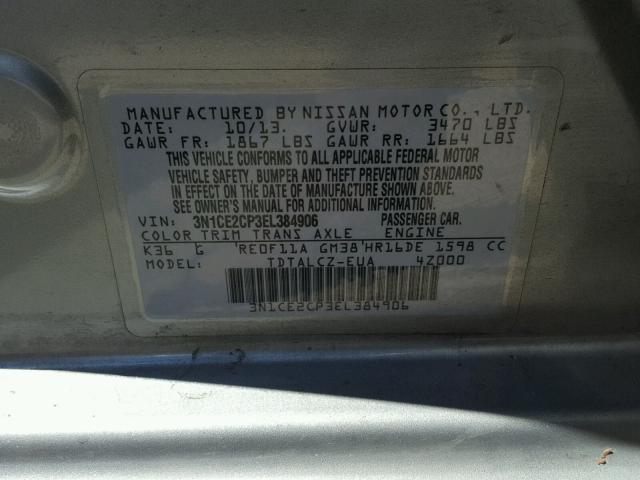 3N1CE2CP3EL384906 - 2014 NISSAN VERSA NOTE GRAY photo 10