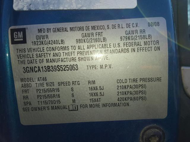 3GNCA13B39S525063 - 2009 CHEVROLET HHR LS TURQUOISE photo 10