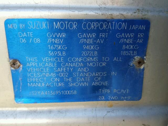 JS2YA413695100058 - 2009 SUZUKI SX4 TECHNO SILVER photo 10