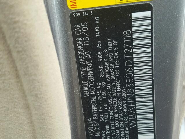 WBAHN83506DT27118 - 2006 BMW 750 LI GRAY photo 10