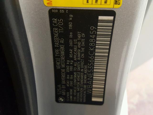 WBANE53566CK88459 - 2006 BMW 525 I SILVER photo 10