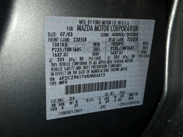 4F2CZ96174KM04415 - 2004 MAZDA TRIBUTE ES 青色 照片 10