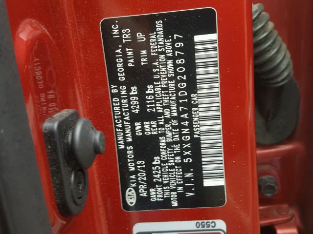 5XXGN4A71DG208797 - 2013 KIA OPTIMA EX RED photo 10