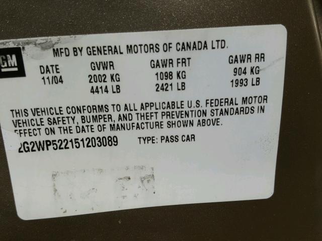 2G2WP522151203089 - 2005 PONTIAC GRAND PRIX Բեժ լուսանկար 10