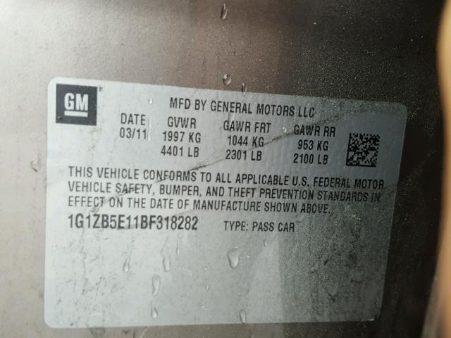 1G1ZB5E11BF318282 - 2011 CHEVROLET MALIBU LS ნაცრისფერი ფოტო 10