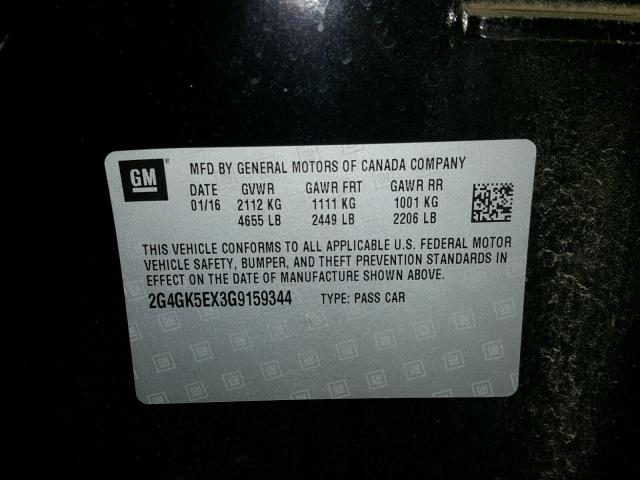 2G4GK5EX3G9159344 - 2016 BUICK REGAL BLACK photo 10