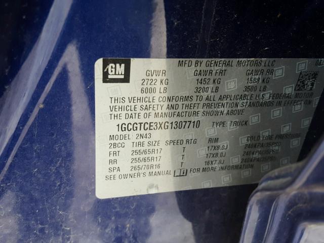 1GCGTCE3XG1307710 - 2016 CHEVROLET COLORADO L BLUE photo 9