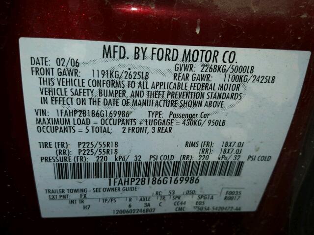 1FAHP28186G169986 - 2006 FORD FIVE HUNDR RED photo 10