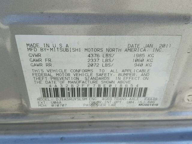 4A32B2FF7BE018654 - 2011 MITSUBISHI GALANT FE SILVER photo 10