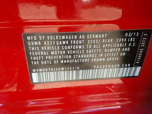 WVWDB7AJ2DW129310 - 2013 VOLKSWAGEN GOLF 红色 照片 10