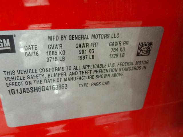 1G1JA5SH6G4163863 - 2016 CHEVROLET SONIC LS 红色 照片 10