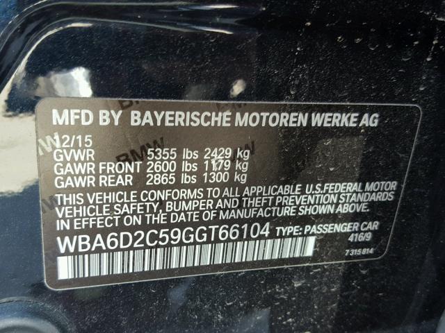 WBA6D2C59GGT66104 - 2016 BMW 640 XI BLUE photo 10