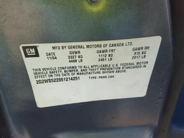 2G2WS522851214251 - 2005 PONTIAC GRAND PRIX ნაცრისფერი ფოტო 10